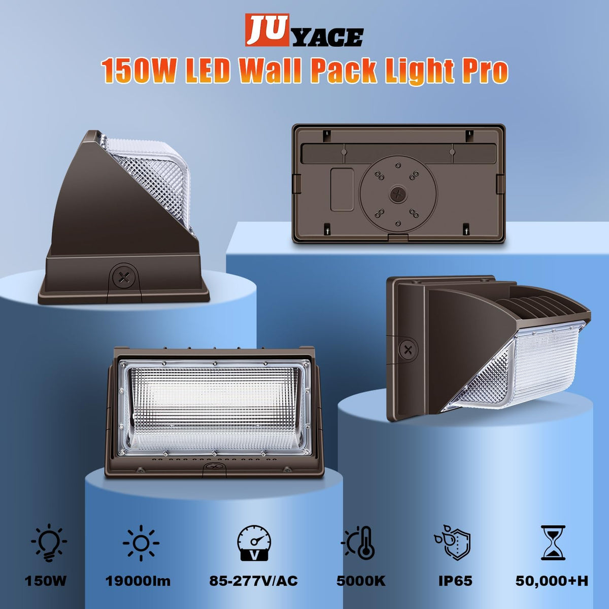 Juyace 150W LED Wall Light Outdoor Flood Lighting 4 Pack 5000K 100-277V IP65 Waterproof for Barn Backyard Warehouse Garage Yard 150W-4Pack-No Photocell