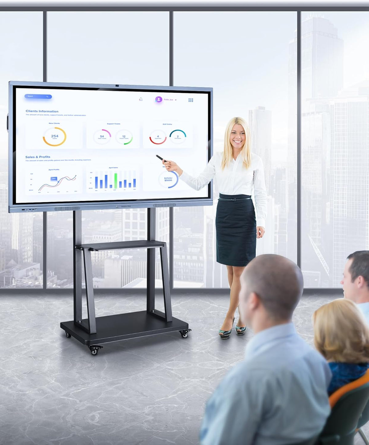 Smart Board Stand with Wheels,Height Adjustable Mobile Rolling Stand for Classroom & Office, Holds up to 300lbs, Whiteboard Portable Cart on Wheels (for 49-100 Inch Smart Board) For 49" 55" 65" 75" 86" 100" Smart Board