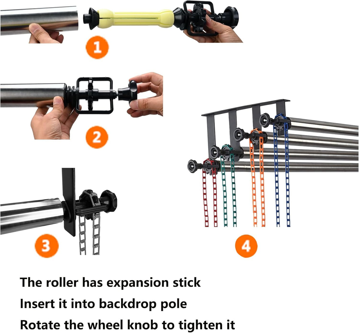 Photography Backdrop Roller Support System, 4 Rollers, 120-inch Stainless Steel Crossbars, Wall/Celing/Light Stand Backdrop Mount, Background Support