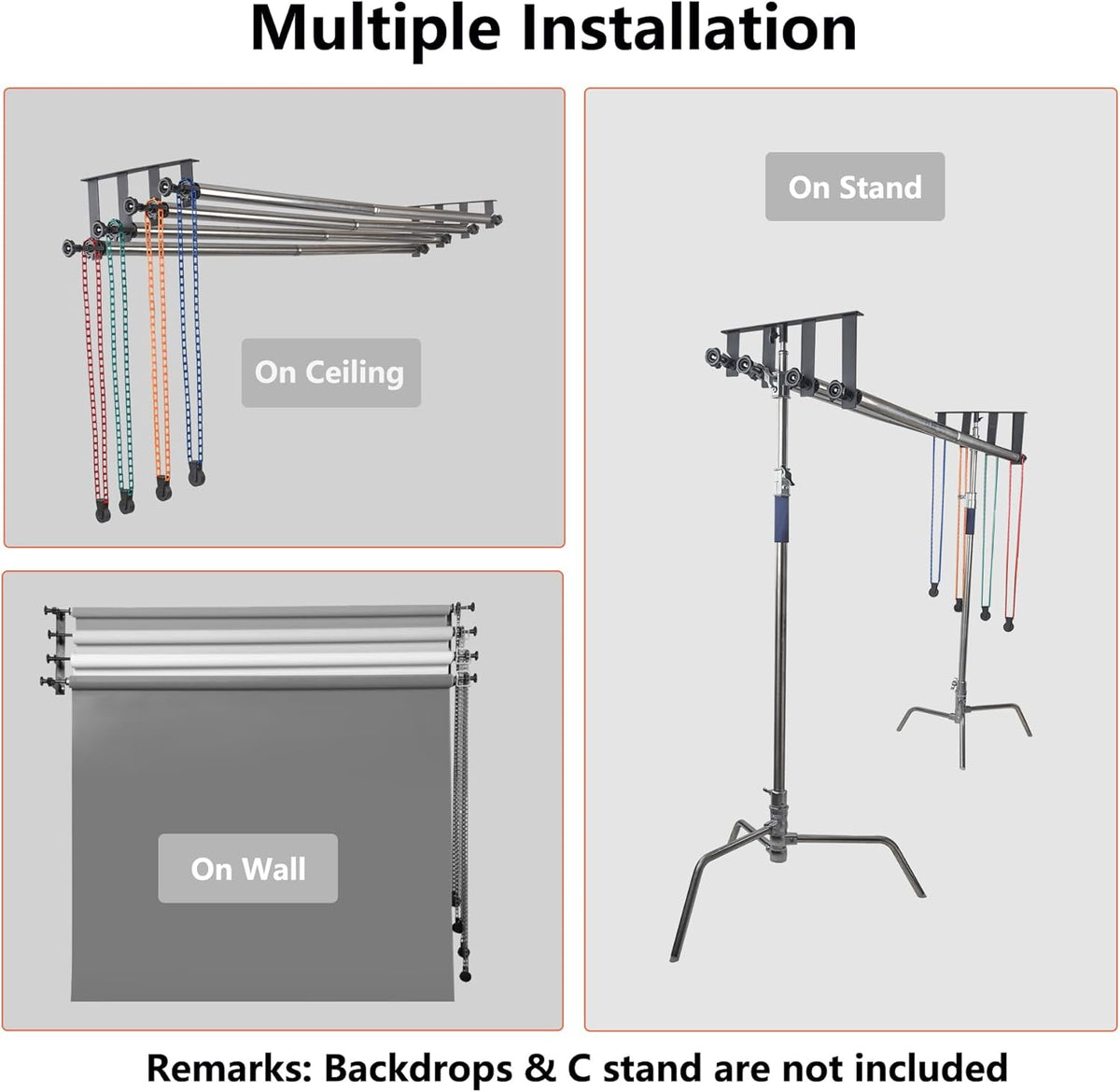 Photography Backdrop Roller Support System, 4 Rollers, 120-inch Stainless Steel Crossbars, Wall/Celing/Light Stand Backdrop Mount, Background Support