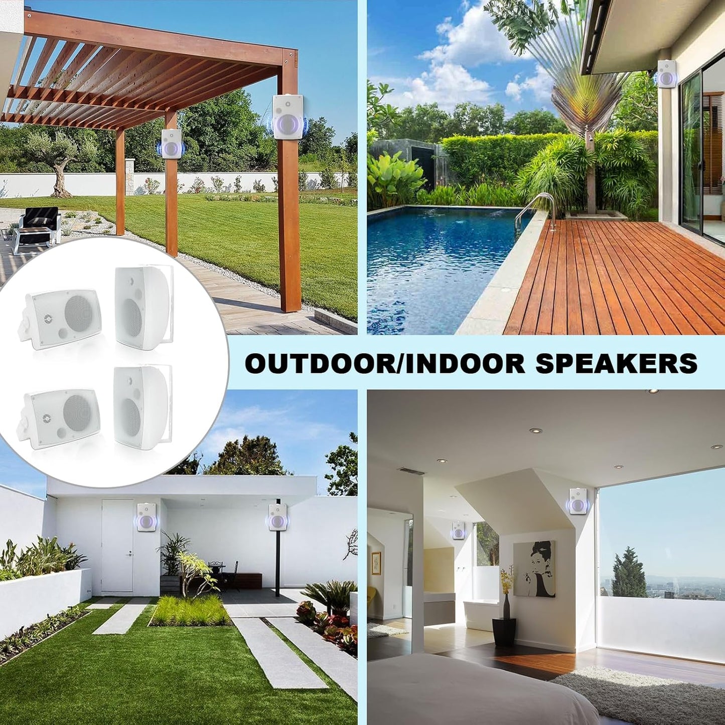 Herdio 6.5 Inch 800W Outdoor Bluetooth Speakers Wired Waterproof with Multifunctional Amplifier, Wall Mount Speakers for Patio Home Poolside Deck Backyard(2 Pairs,White)