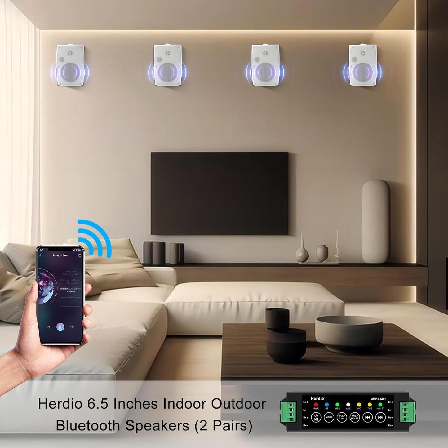 Herdio 6.5 Inch 800W Outdoor Bluetooth Speakers Wired Waterproof with Multifunctional Amplifier, Wall Mount Speakers for Patio Home Poolside Deck Backyard(2 Pairs,White)