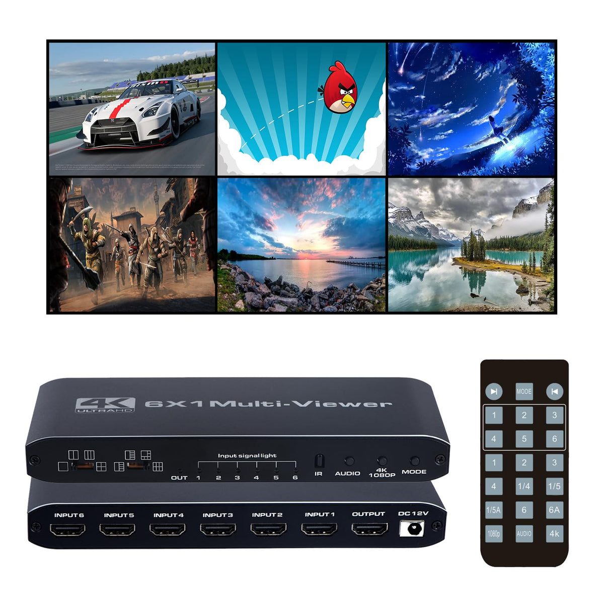 HDMI Multiviewer Switch 6x1, Quad Seamless Switcher 6 in 1 Out with IR Remote Control, Support 4K Full HD and 9 Display Modes for Security Camera, Gaming Consoles