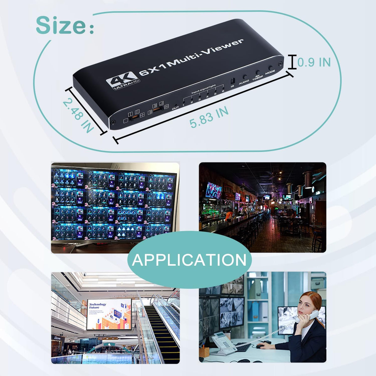 HDMI Multiviewer Switch 6x1, Quad Seamless Switcher 6 in 1 Out with IR Remote Control, Support 4K Full HD and 9 Display Modes for Security Camera, Gaming Consoles
