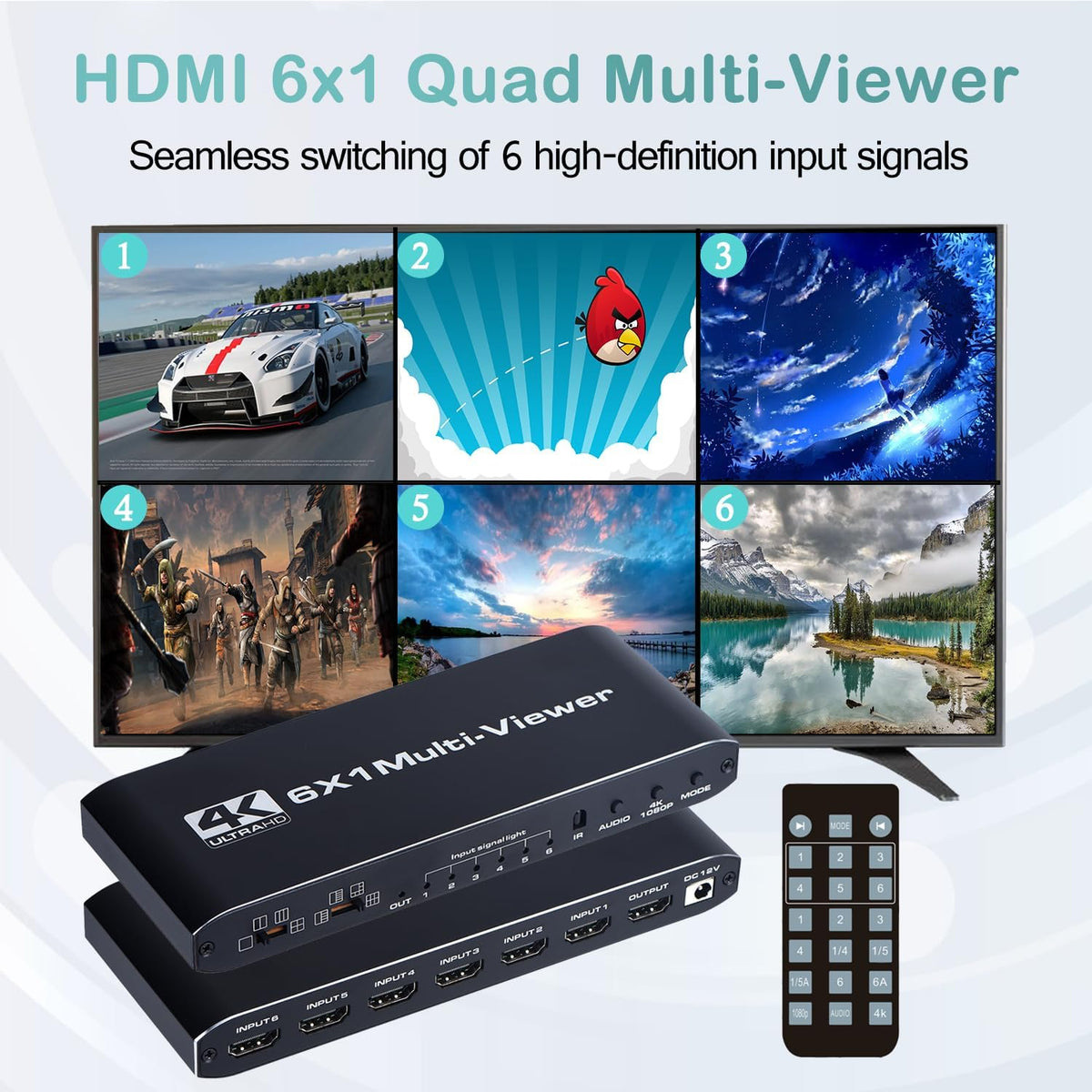 HDMI Multiviewer Switch 6x1, Quad Seamless Switcher 6 in 1 Out with IR Remote Control, Support 4K Full HD and 9 Display Modes for Security Camera, Gaming Consoles