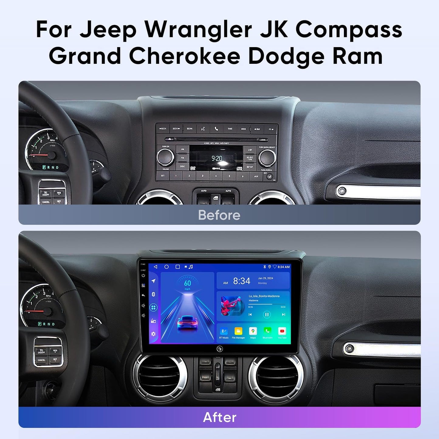 for Jeep Wrangler Radio 2007-2018 Dodge Ram 2009-2012 with CarPlay Android Auto,Plug and Play QLED Touch Screen Car Stereo(2+64G)
