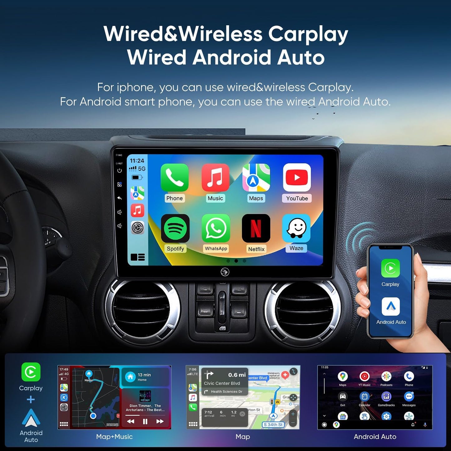 for Jeep Wrangler Radio 2007-2018 Dodge Ram 2009-2012 with CarPlay Android Auto,Plug and Play QLED Touch Screen Car Stereo(2+64G)