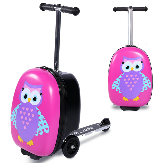 Owl Kids Scooter Suitcase - Folding Kids Luggage with Wheels - Multifunctional Ride on Luggage Travel suitcase with Strong Grip, Easy Locks and Zippers – Capacity to Hold 110LB