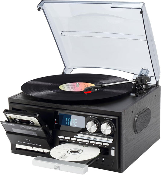 9 in 1 3-Speed Record Player with Bluetooth, AM/FM Radio, USB/SD/MMC Playback, CD/Cassette Function, and Remote