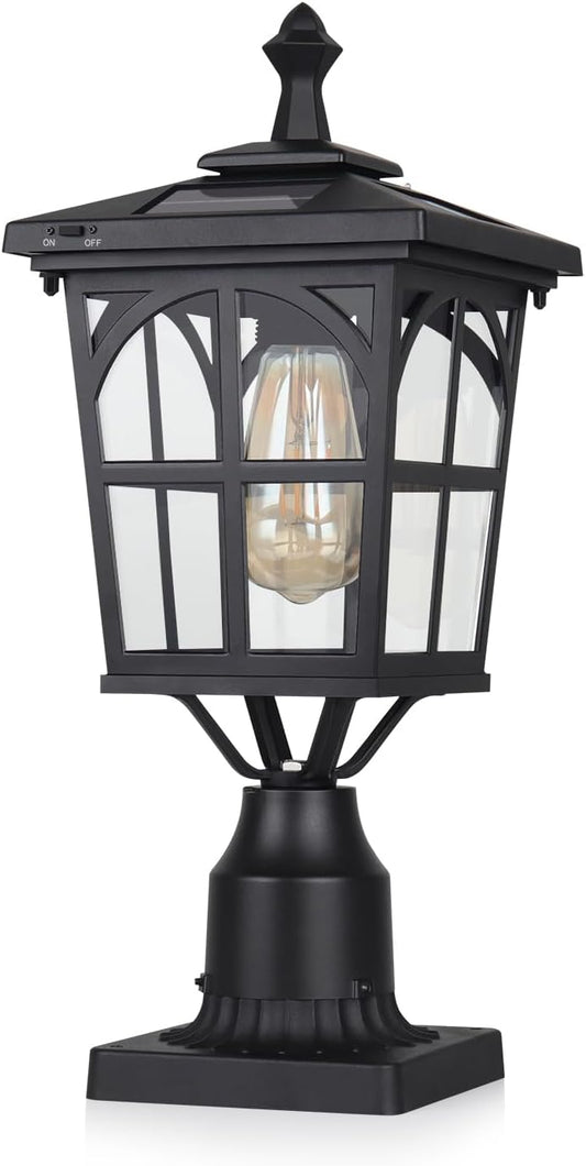 Godawn Outdoor Solar Lamp Post Light, Dusk to Dawn Waterproof Aluminum Solar Post Light with Pier Mount Base for Pole Deck Yard Garden Gates Patio