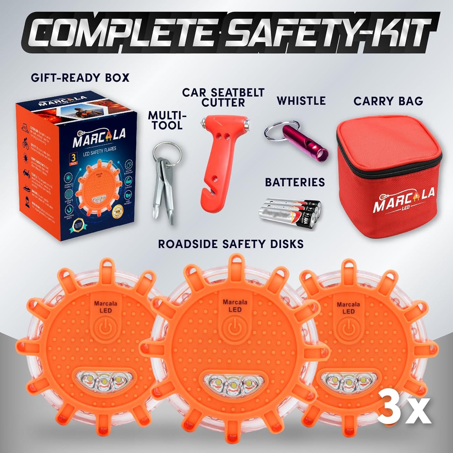 LED Road Flares Emergency Lights | 3-Pack Roadside Safety Disc Kit w/Whistle | DOT Compliant Emergency Flares for Car w/Batteries Installed |