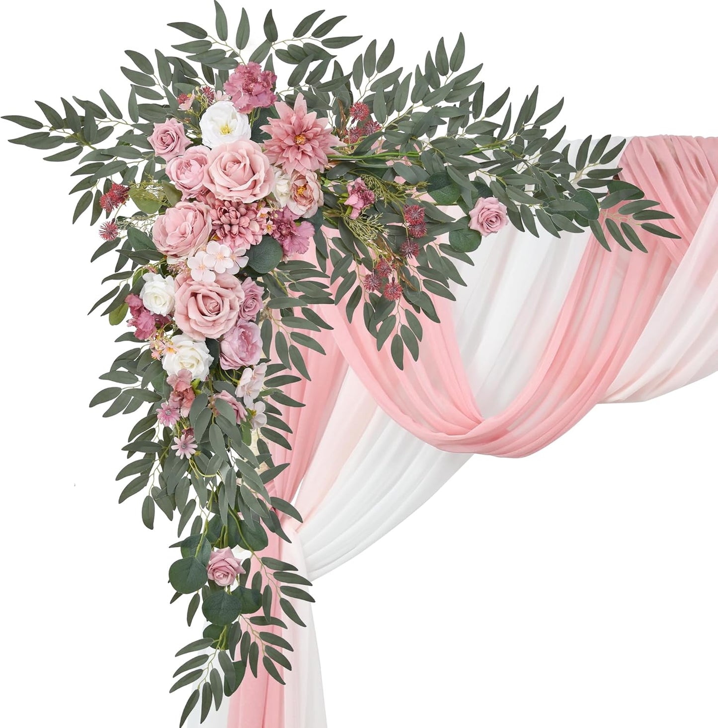Artificial Wedding Arch Flowers with Drape Kit (Pack of 5) - 2pcs Flower Swag with 3pcs Draping Fabric