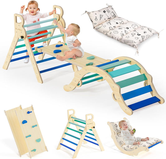 Pikler Triangle Set, Toddler Wooden Climbing Toys Indoor 8-in-1 Climber, Foldable Kids Climbing Toys