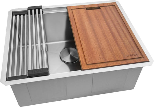 24-inch Undermount Rounded Corner Workstation Kitchen Sink Single Bowl, 16 Gauge Stainless Steel, Brushed Finish