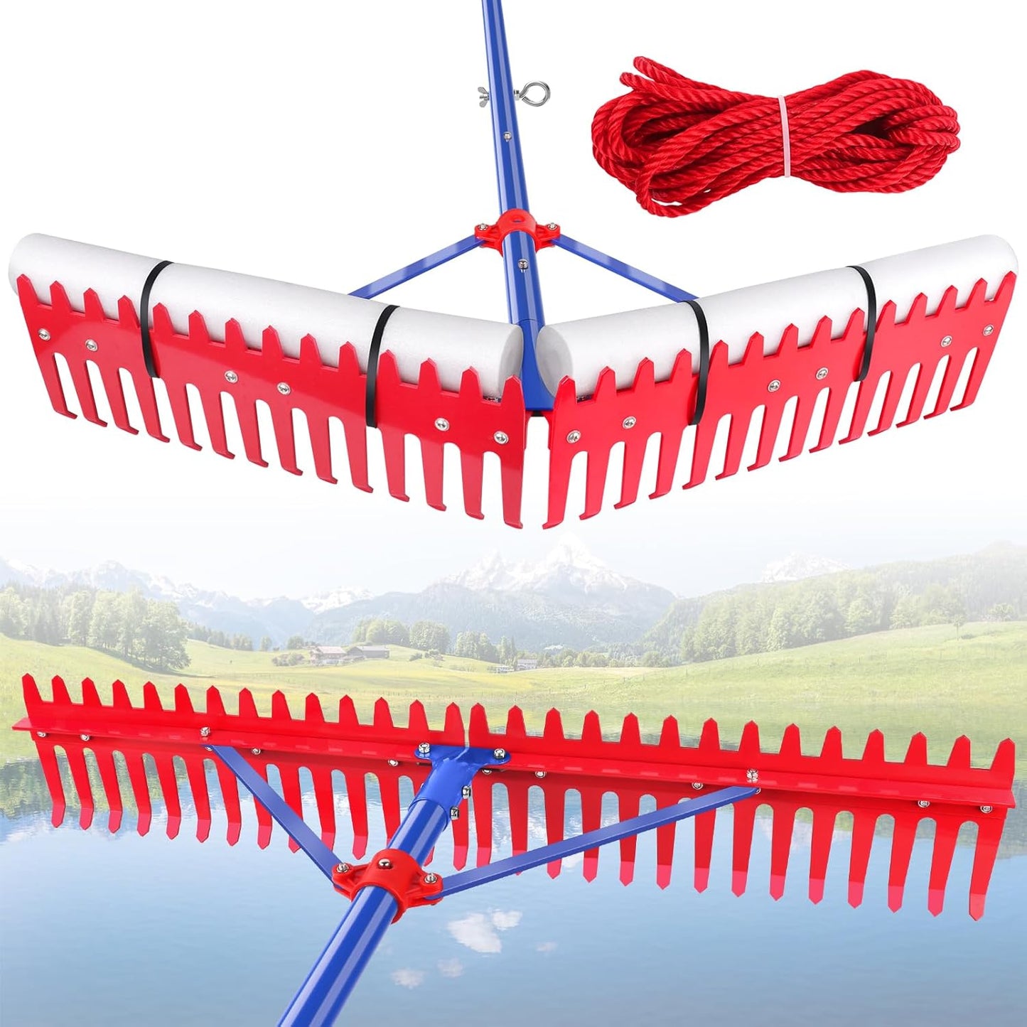 Lake Rake, Pond Rake Aquatic Weed Rakes, Large Heavy Duty Aluminum Aquatic Rakes with 7' Metal Tines