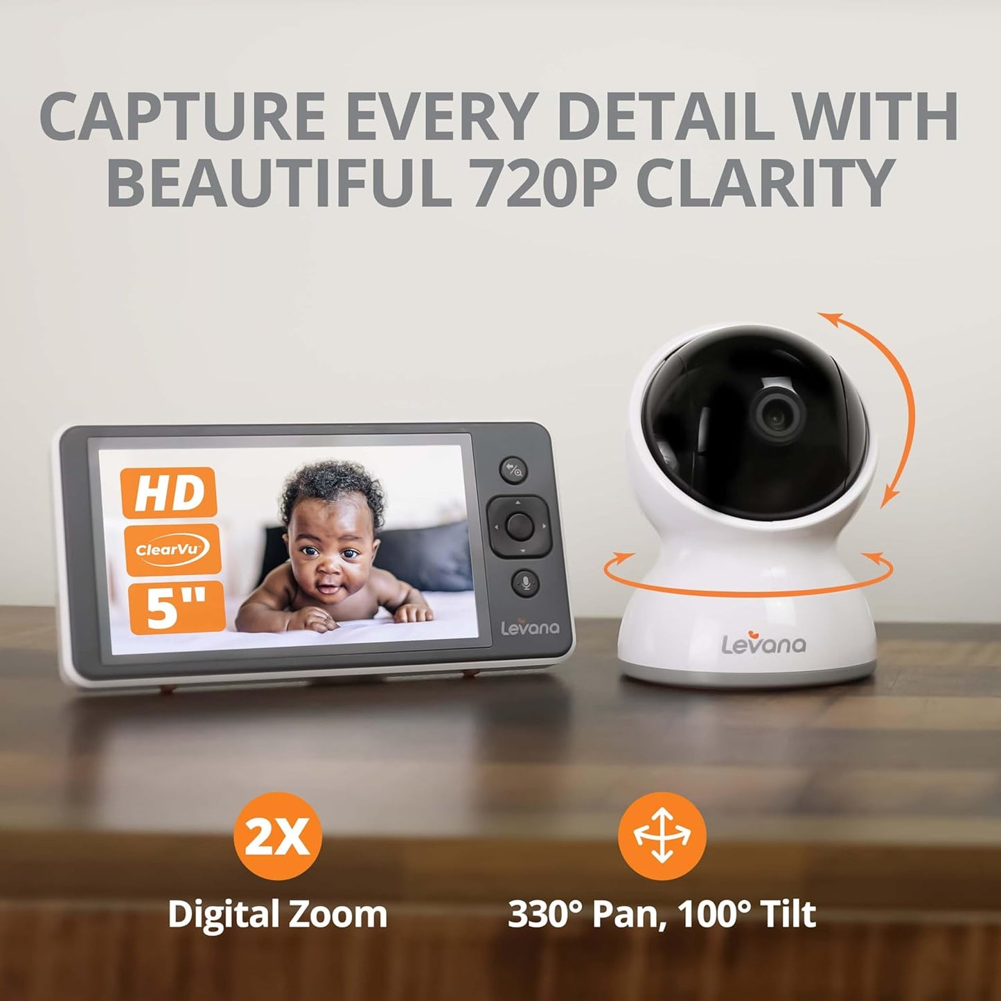 Video Baby Monitor, 5'' 720P Screen, PTZ Camera, 3800mAh Battery, Night Vision, Two-Way Talk, No WiFi, Carrying Case