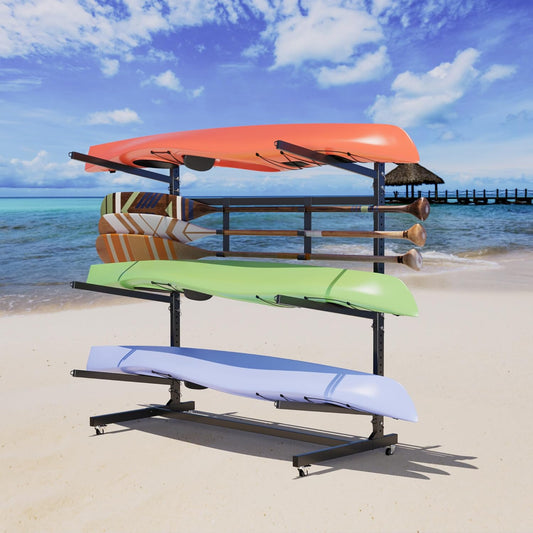 Kayak Storage Rack, Freestanding with Wheels, Heavy Duty, Adjustable Canoes and Surfboards Bracket