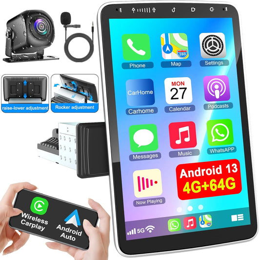 10 Inch Single Din Car Stereo Wireless CarPlay Android Auto Rotatable Touchscreen, Bluetooth. FM GPS Navigation WiFi