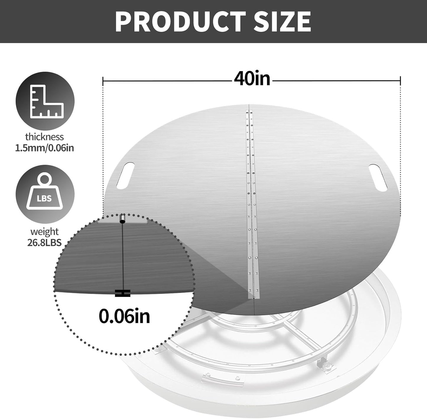 Fire Pit Lid Round, 40Inch Fire Pit Lid, 304 Stainless Steel Foldable Fire Pit Cover, Edge Built-in Handle Design