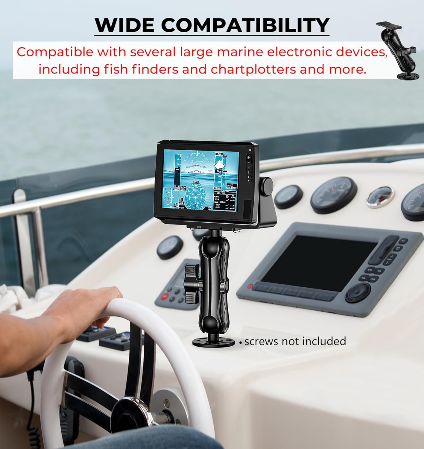 2.25' Ball Large Aluminum Alloy Fish Finder Mount with D Size Rectangular Plate & Round Base, 8.44' Medium Arm