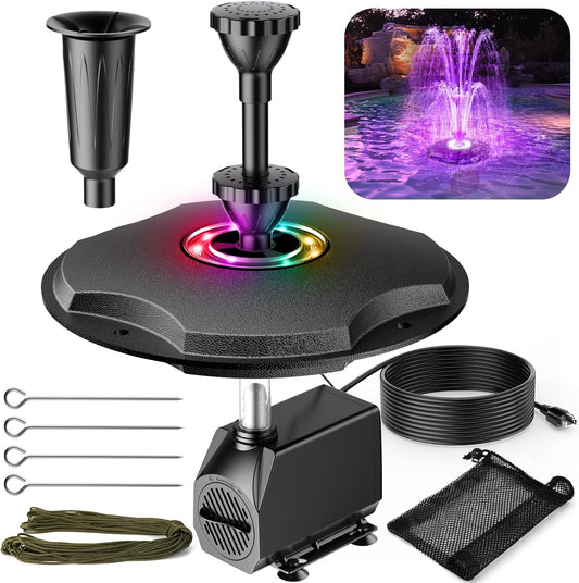 Floating Pond Fountain with Lights, RGB Floating Fountain with 40W 660GPH Submersible Pump,27FT Power Cord