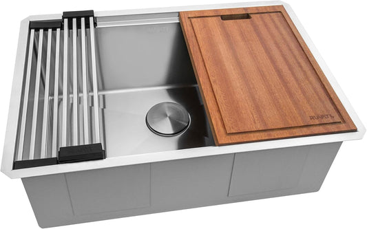 27-inch Undermount Rounded Corner Workstation Kitchen Sink Single Bowl, 16 Gauge Stainless Steel Kitchen Sinks