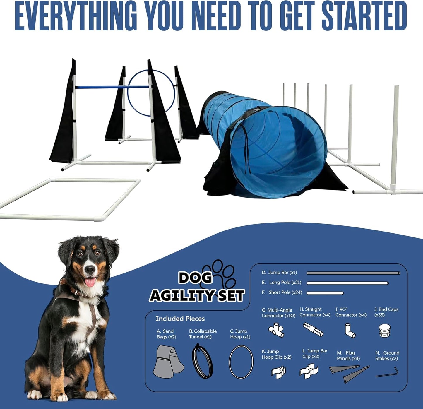 Dog Agility Training Set, Obstacle Course Training and Exercise Equipment, w/Play Tunnel Weave Poles Jumps Ect.