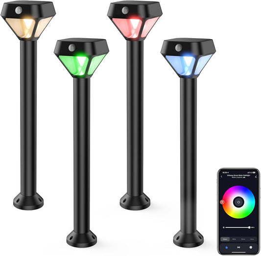 Smart Solar Lights Outdoor with Motion Sensor, 150LM APP Control Color Changing Garden Lights, Waterproof, 4 Pack