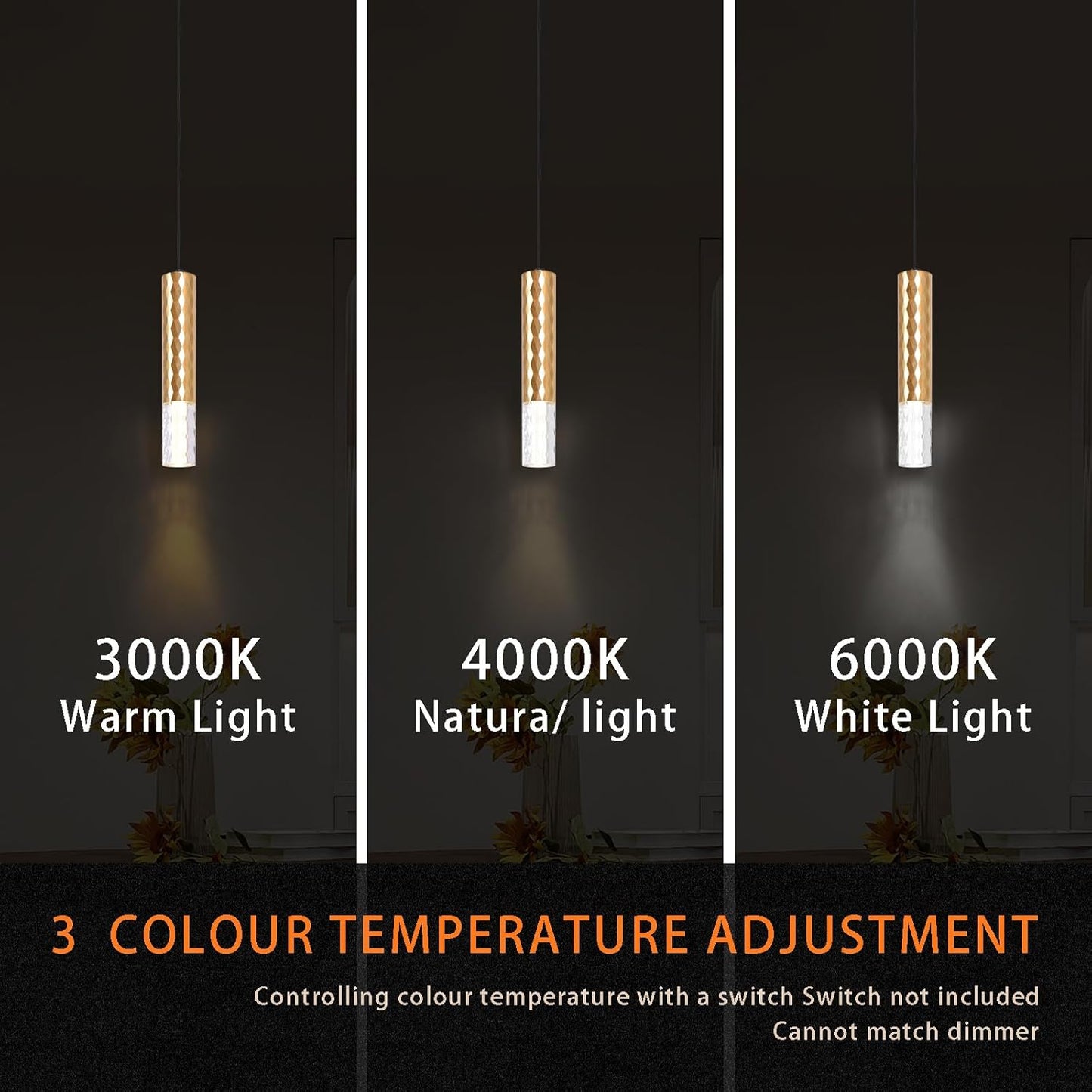 Cylindrical Modern Pendant Light in Gold (Three Color Segments), Single-Light Pendant with Adjustable Cord