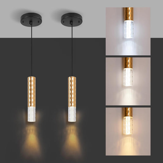 Cylindrical Modern Pendant Light in Gold (Three Color Segments), Single-Light Pendant with Adjustable Cord