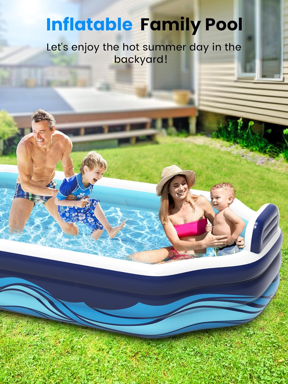 Inflatable Pool with Seats and Backrests, 120' X 69' X 17' Thickened Full-Sized Family Fun Swimming Pool for All Ages