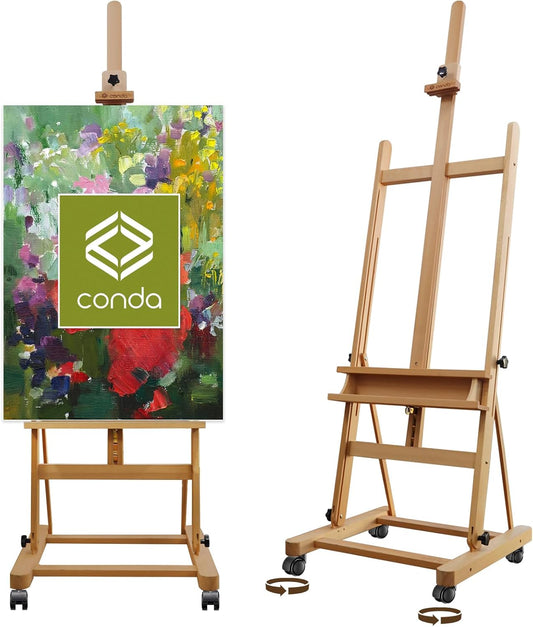 Large H-Frame Easel with Wheels, Premium Beech Wood Artist Easel, Adjustable/Tilt, Holds Canvases up to 48'