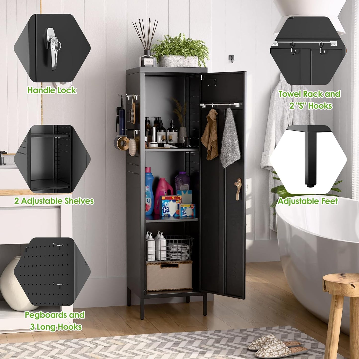 Metal Lockers for Employees with Handle with 2 Pegboard, 5 Hooks for Gym, School, Office,Home,Garage, Black