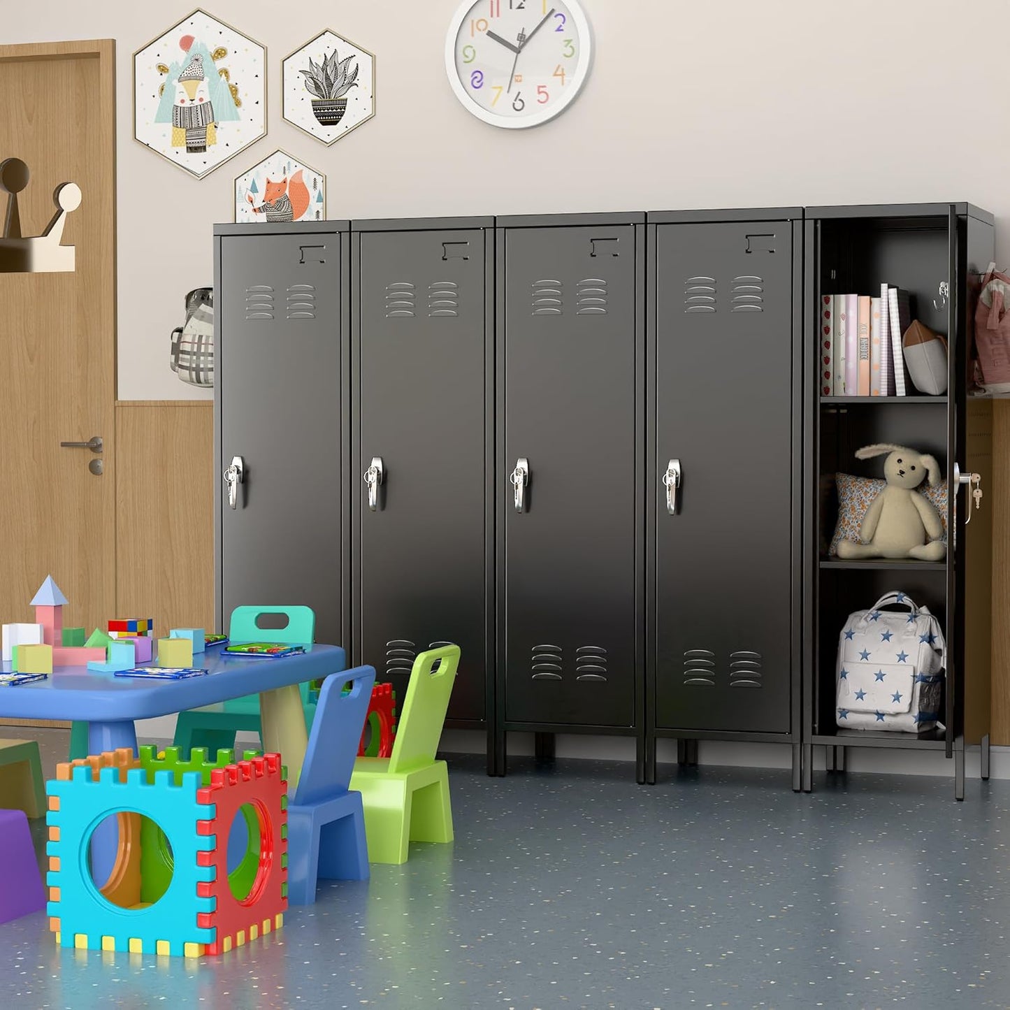 Metal Lockers for Employees with Handle with 2 Pegboard, 5 Hooks for Gym, School, Office,Home,Garage, Black
