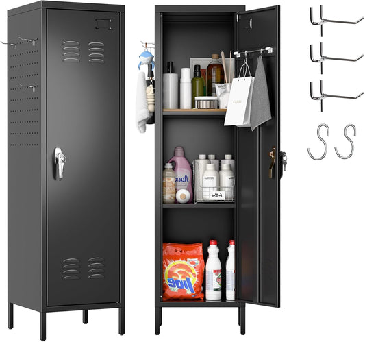 Metal Lockers for Employees with Handle with 2 Pegboard, 5 Hooks for Gym, School, Office,Home,Garage, Black