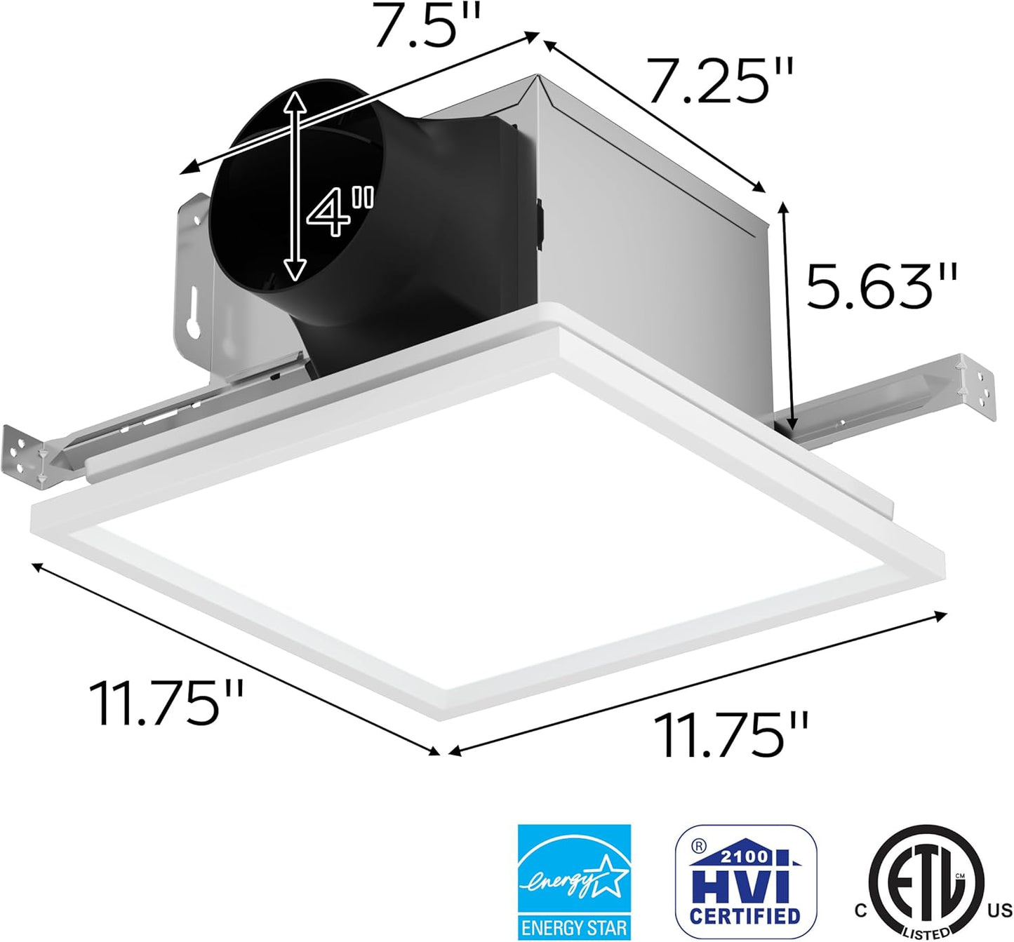 Bathroom Exhaust Fan - 100 CFM, 2.0 Sone, Quiet with LED Light, Energy Star, 95 sq.ft