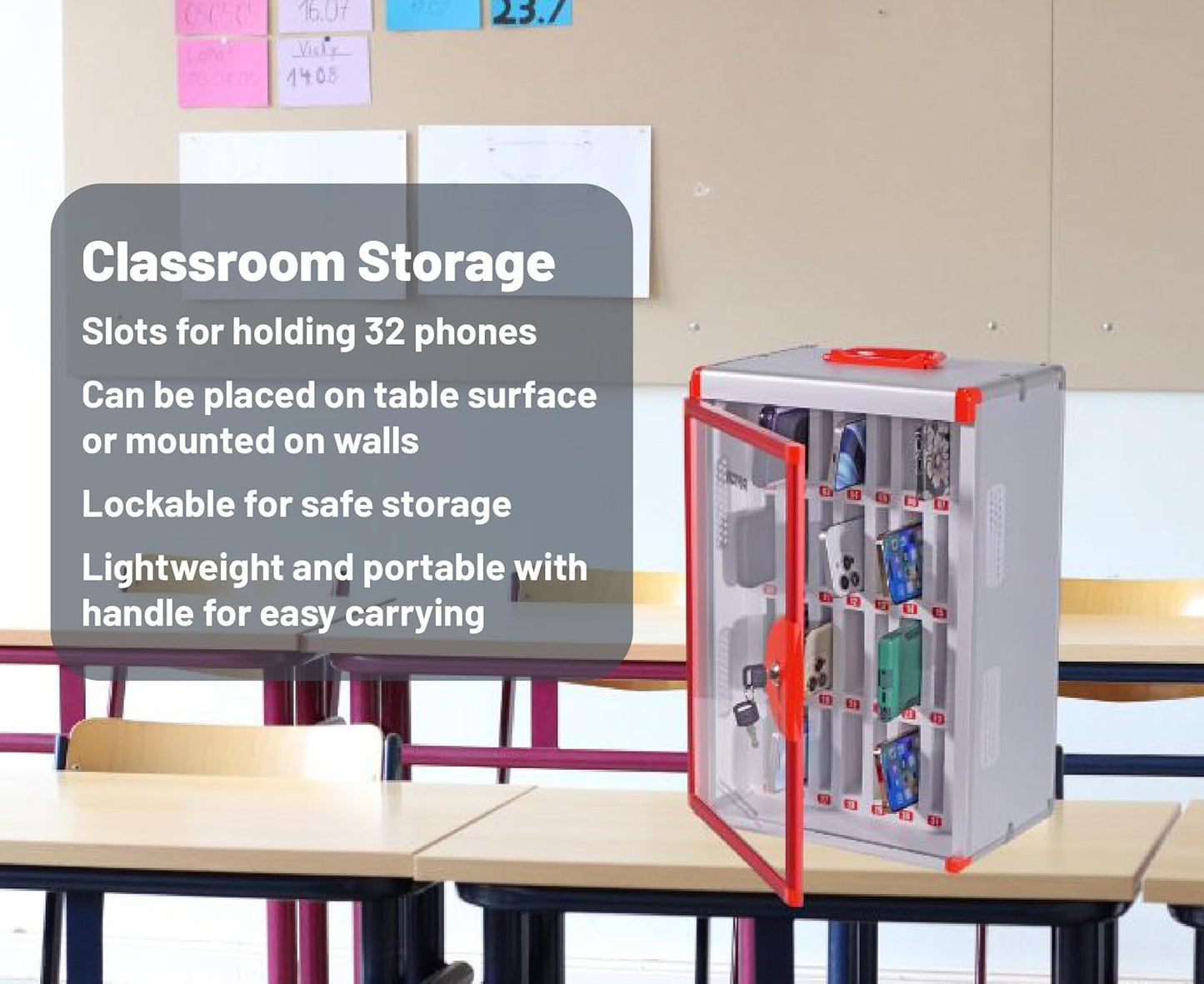 Classroom Cell Phone Storage, 32 Slots Cell Phone Holder for Classroom, Wall Mounted with Key Lock