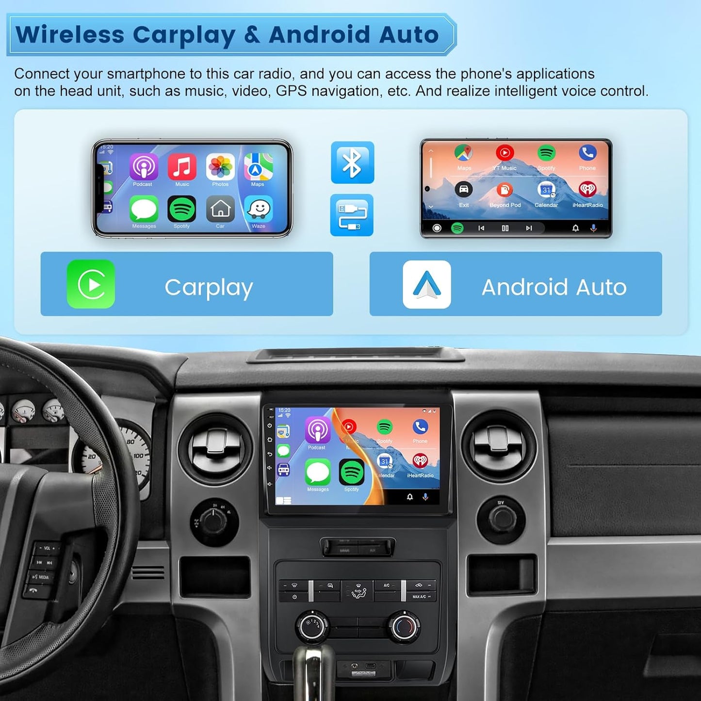Car Radio for Ford F150 2009-2012 - Wireless Carplay and Android Auto - 9 Inch Touchscreen, 2x64g