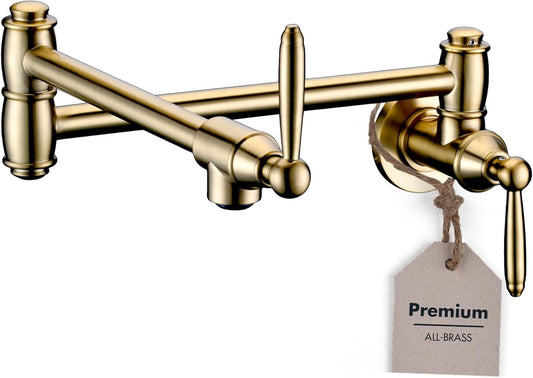 Pot Filler Faucet, Wall Mount Pot Faucets for Kitchen Sink with Double Reinforced Joint Swing Arms, Brushed Gold