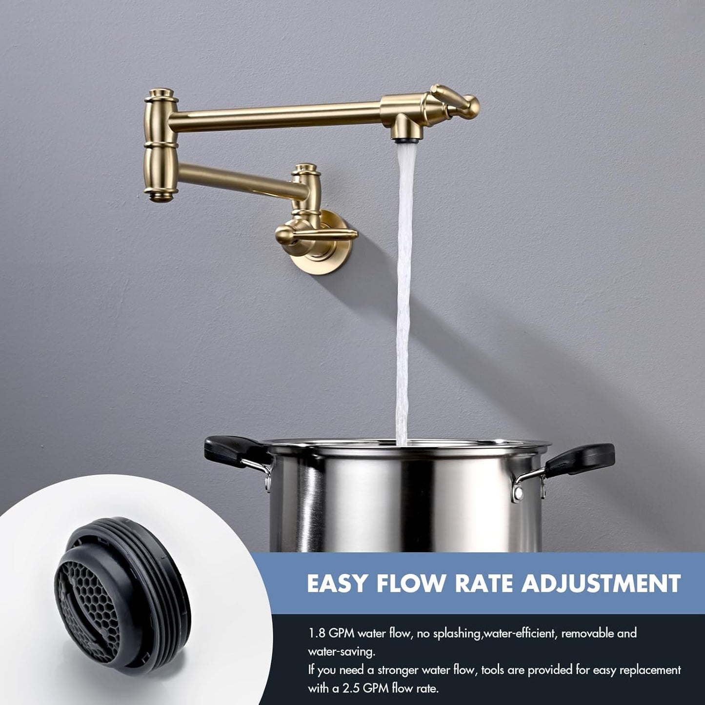 Pot Filler Faucet, Wall Mount Pot Faucets for Kitchen Sink with Double Reinforced Joint Swing Arms, Brushed Gold