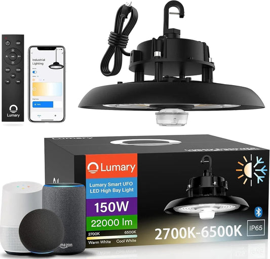 22,000Lm Smart UFO LED High Bay Light w/Remote, 2700K-6500K Dimmable 150W, Compatible with Alexa/Google