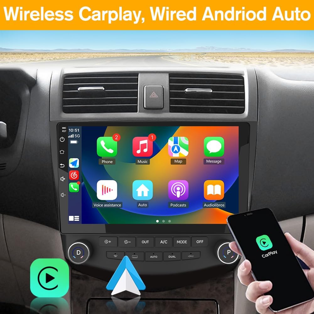 Car Radio Stereo 10 inch Touch Screen for Honda Accord 7th 2003 2004 2005 2006 2007 with Wireless CarPlay Android Auto SWC Bluetooth (2GB+32GB)