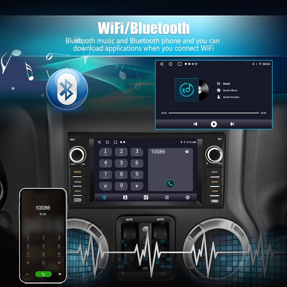 Android 13 Car Radio Stereo for Jeep Wrangler Dodge RAM Avenger Challenger Chrysler, 7 Inch Touch Screen, BU Cam