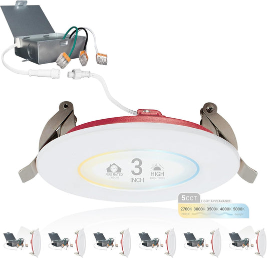 6 Pack, 3 Inch 2 Hour Fire Rated Ultra-Thin LED Recessed Light, Selectable Color Temp Dimmable, IC/WET Rated
