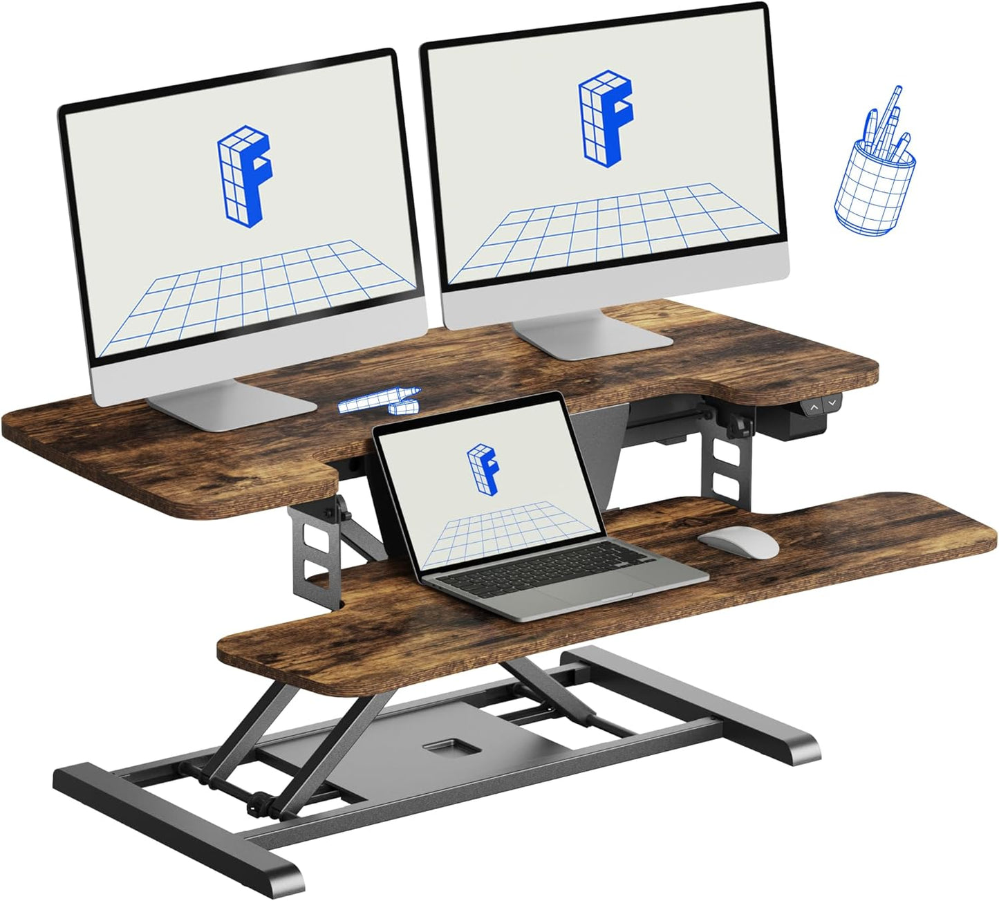 35' Electric Standing Desk Converter, Height Adjustable Motorized Desk Riser for Monitors, Rustic Color