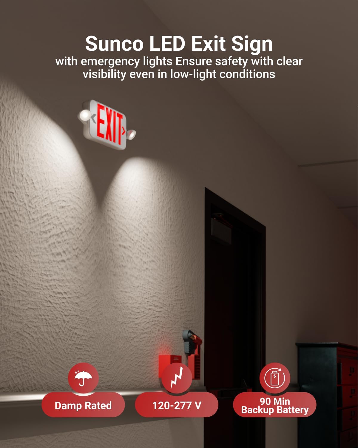 5 Pack LED Exit Sign With Emergency Lights, Red, Two Mini Adjustable Lights, 94V-0 Fire Resistant, Backup Battery