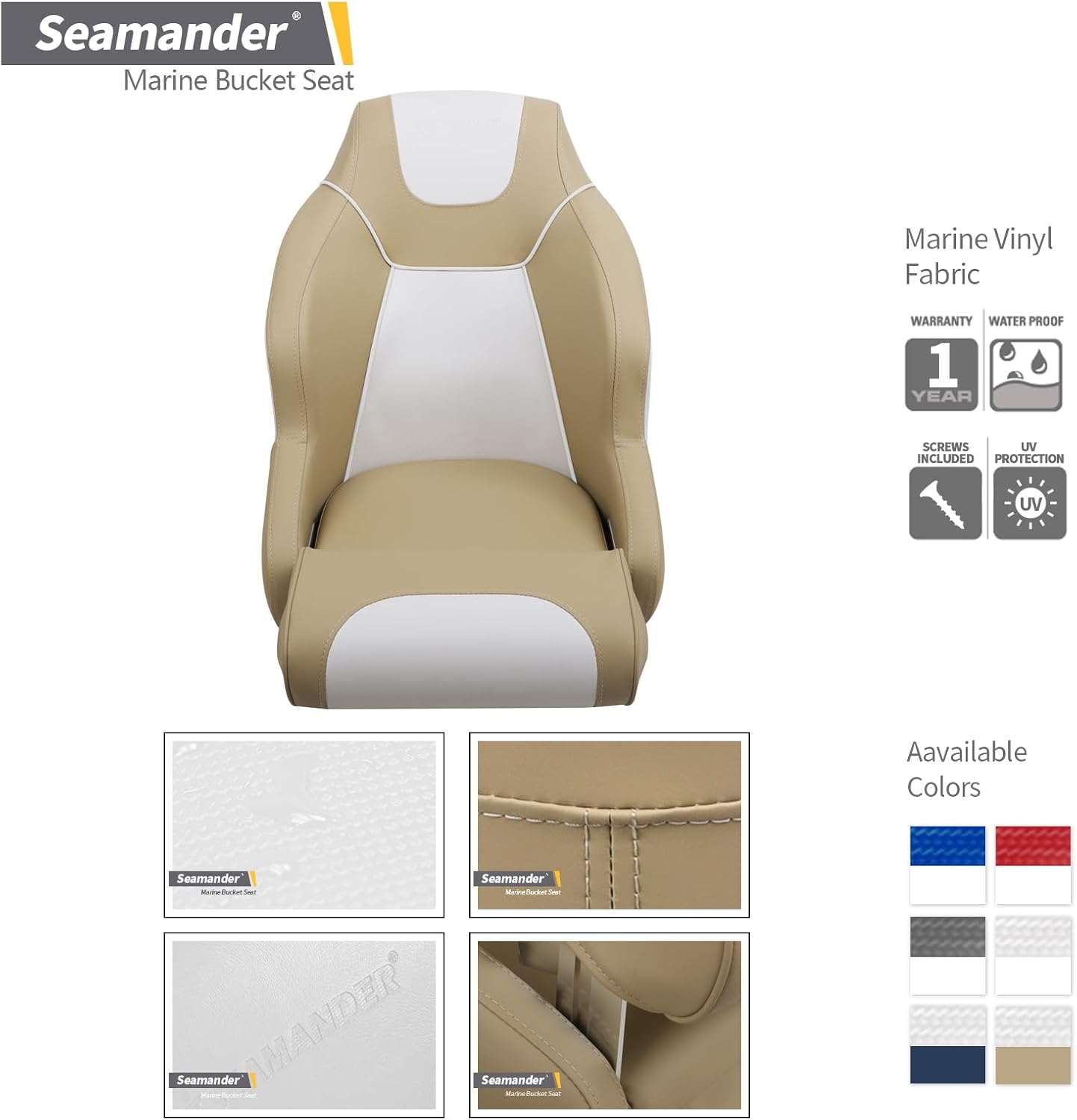 Seamander Captain Bucket Seat,Premium Sports Filp Up Boat Seat (D-Tan/White)
