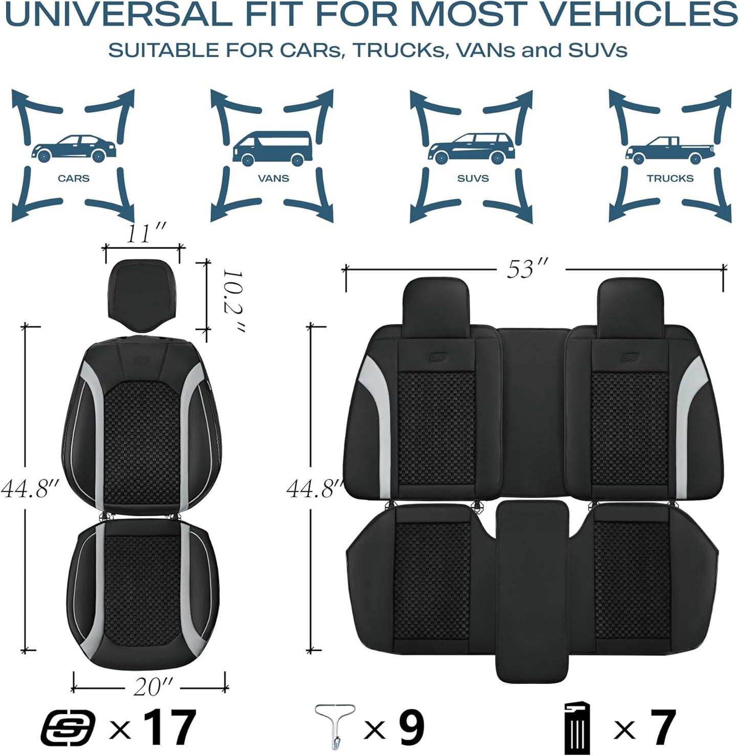 Car Seat Covers, Memory Foam Leather,  Air Cooled Front Seats, Universal Fit for Most Cars