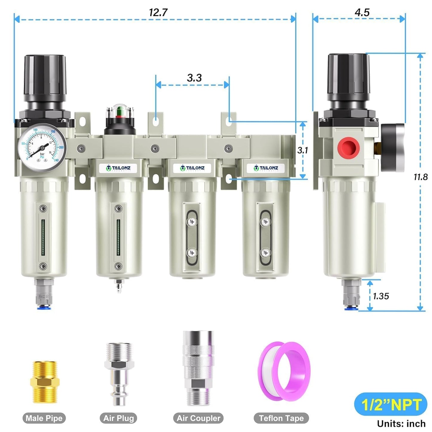 PNEUMATIC 0-240 PSI 1/2 Inch NPT Industrial Grade 4-Stage Air Drying System, Particulate Filter