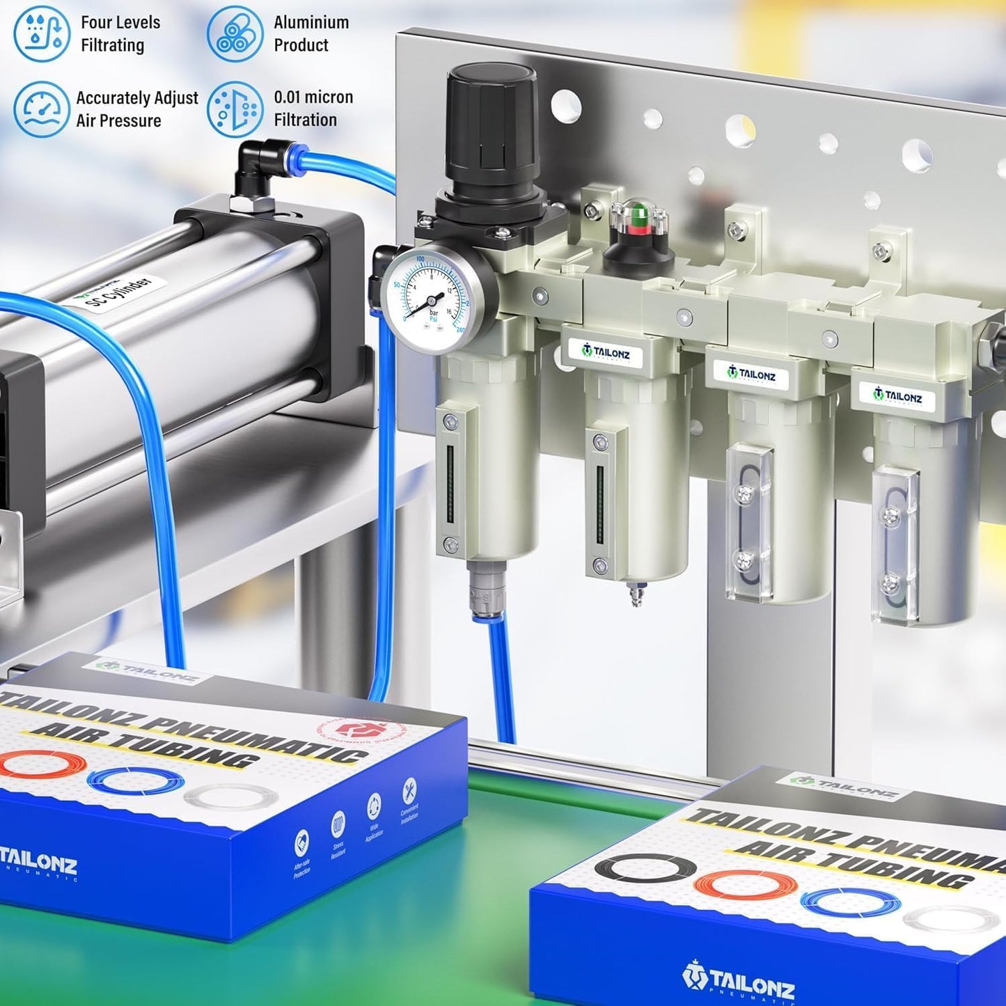 PNEUMATIC 0-240 PSI 1/2 Inch NPT Industrial Grade 4-Stage Air Drying System, Particulate Filter